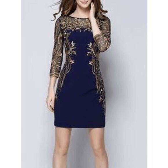 💙 NWT Blue Gold Floral Embroidered ¾ Mesh Sleeves Formal Sheath Dress SIZE 6 - Picture 2 of 15